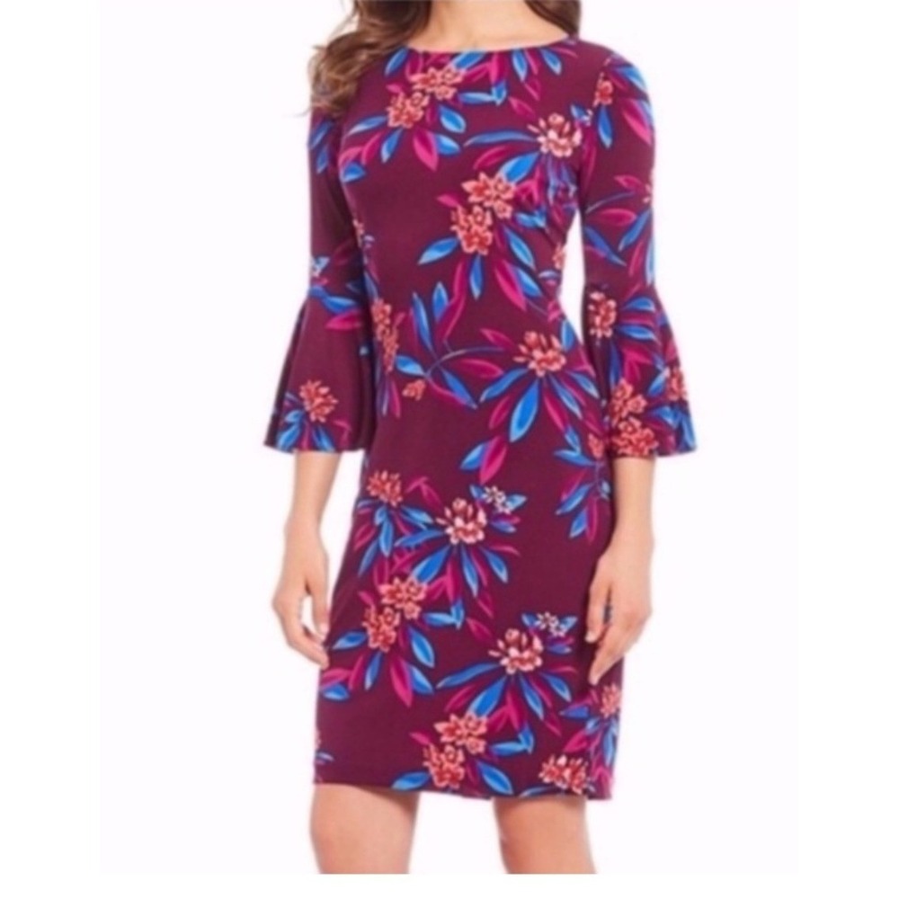 Calvin Klein Women Plum Floral Bell Sleeve Sheath Dress Size 10 Boat Neck EUC